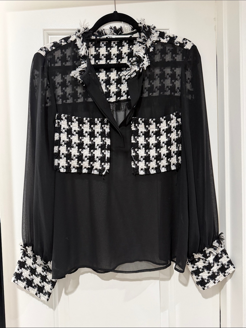 Zara Black Sheer Houndstooth Accent Blouse